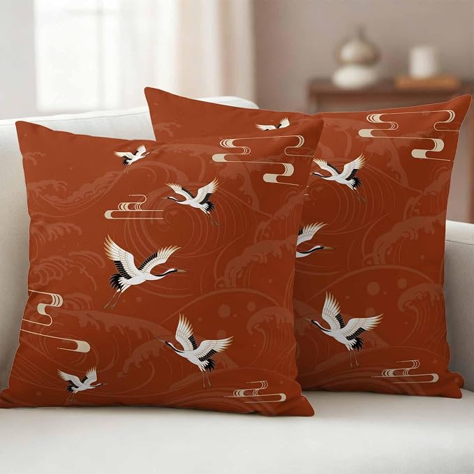 Japanese Style Outdoor Pillow Covers 20x20 Inch Throw Pillow Covers Set of 2 Waterproof Decorative Pillow Cases Vintage Art Cranes Ocean Wave Red Cushion Covers for Patio Furniture Garden Couch Sofa
