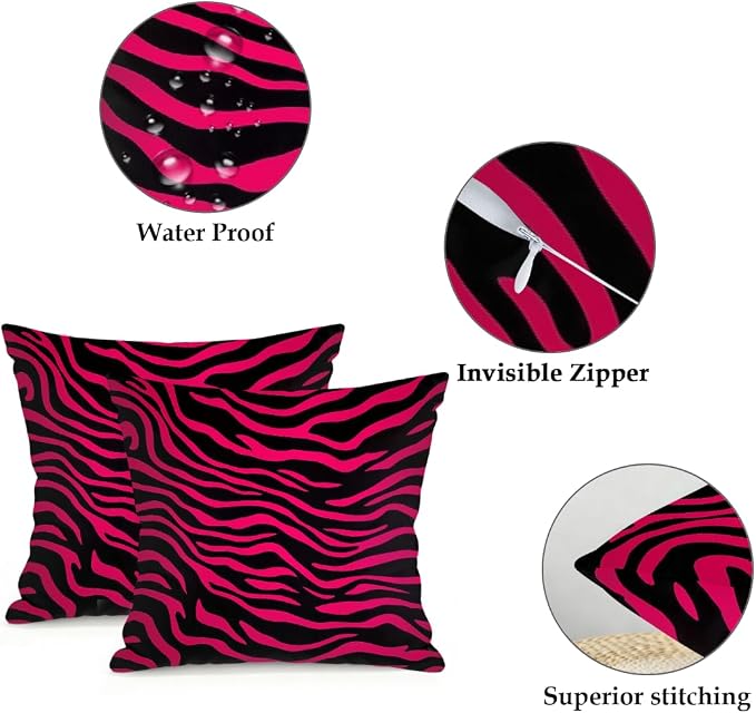 20x20 Inch Outdoor Pillow Covers Set of 2 Waterproof Throw Pillow Covers Decorative Couch Cushion Covers Hot Pink Black Zebra Print Square Pillowcases Protectors for Patio Garden Sofa