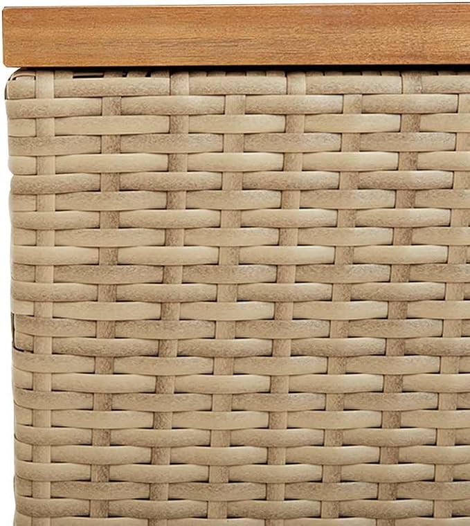 Garden Storage Box, Outdoor Deck Box with Poly Rattan and Acacia Wood, 43.3 inch Rectangular Patio Storage Bin for Cushions and Blankets, Beige and Brown