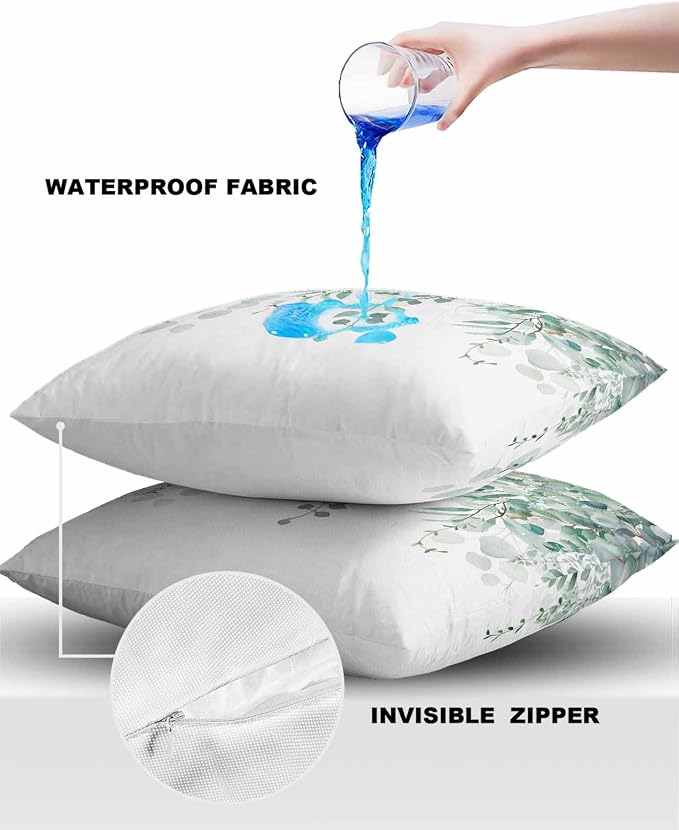 Eucalyptus Leaves Outdoor Pillow Covers Pack of 2, Watercolor Green Plants Waterproof Pillow Covers Seasonal Spring Summer Throw Pillowcase for Patio Funiture Garden Tent, 18 x 18 inch
