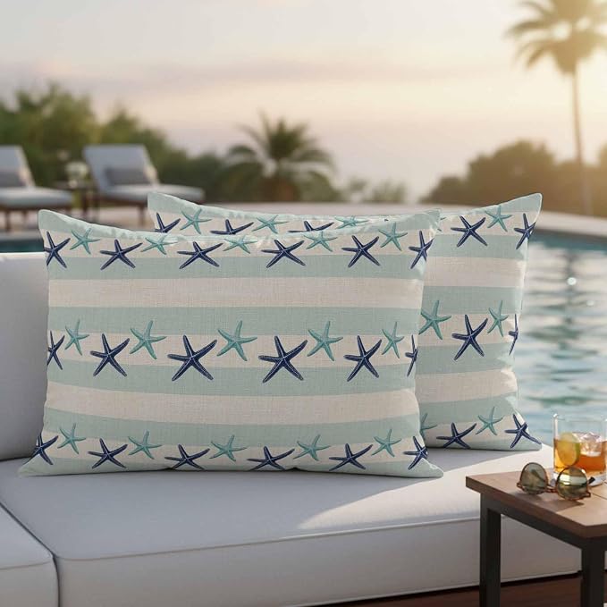 Summer Ocean Starfish Outdoor Pillow Covers Set of 2 Nautical Farmhouse Blue Teal Starfish Rustic Stripe Waterproof Throw Pillow Cover Decorative Cushion Cases for Patio Porch Garden 20X12 Inch