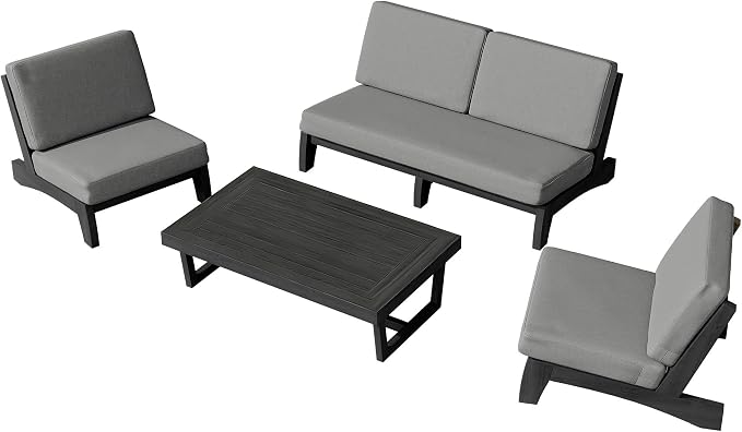 4 Piece Teak Outdoor Patio Frutnire Set, 5 Seater Patio Conversation Sets with Thick Cushions, Outdoor Sectional Furniture with Coffee Table - Gray