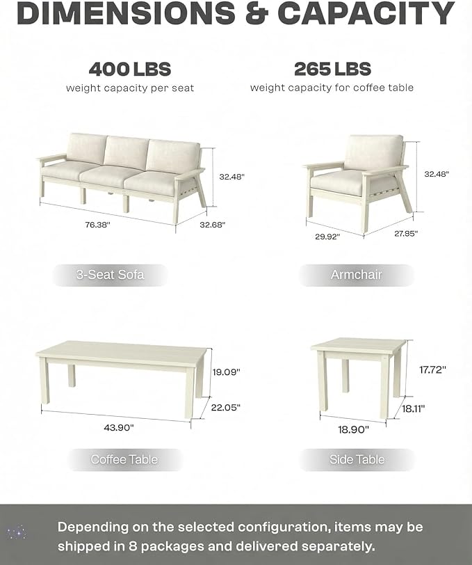 HDPE Patio Furniture Set 10 Seats, Outdoor Couch with Washable Thick Beige Cushions & Coffee Table & Side Table, Outdoor Sectional Furniture for Backyard, Deck, Lawn, Porch (White Frame)