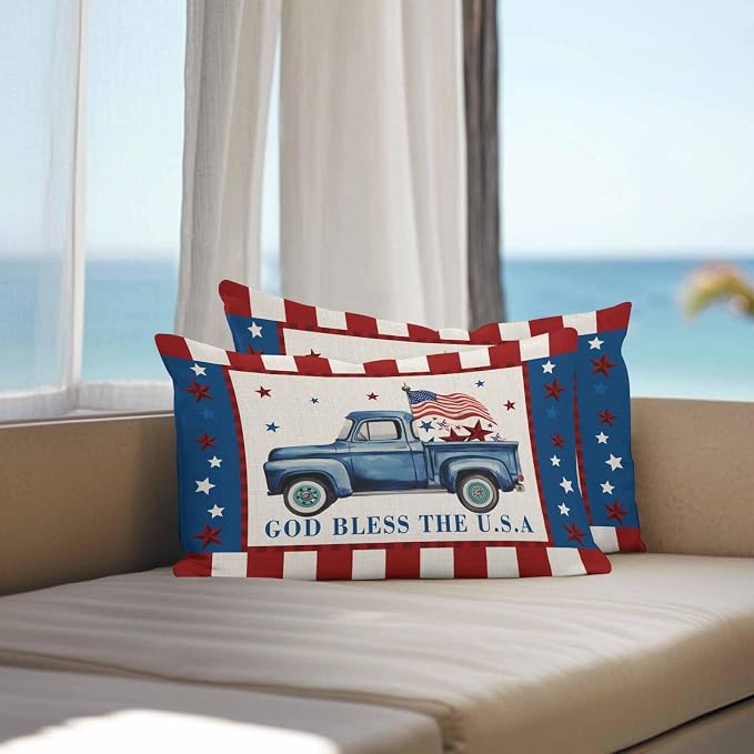 Independence Day Outdoor Throw Pillow Cover Farm Blue Truck American Flag Star Waterproof Cushion Covers 2 Pack Patriotic Red Plaid Pillow Cases Home Decoration for Patio Garden Couch Sofa 20x12In