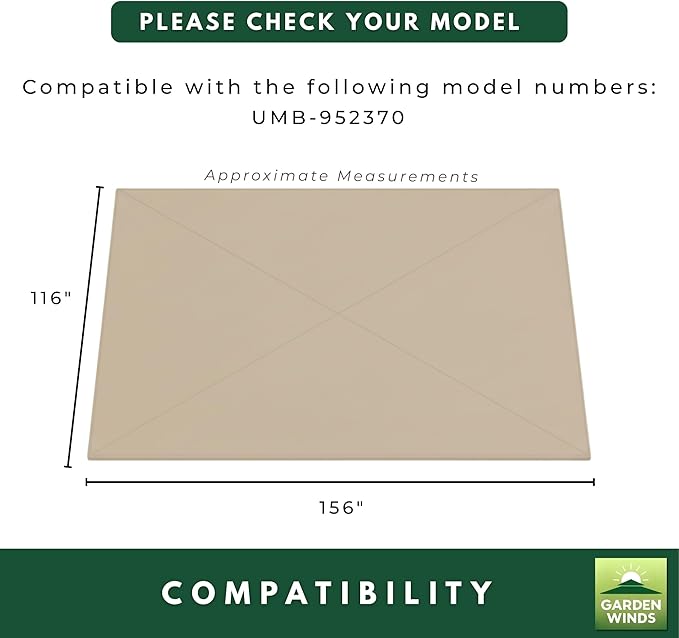 Garden Winds Heavy Duty Reinforced RipLock 500 Replacement Canopy Top Cover Compatible with Backyard Creation 10’ x 13’ Offset Umbrella Model UMB-952370 - Beige