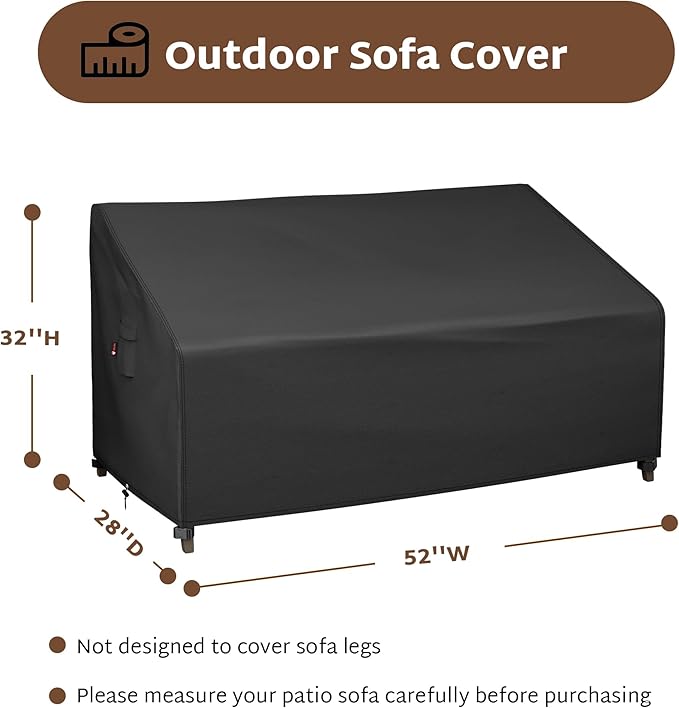 iBirdie Patio Furniture Sofa Covers 52W x 28D x 32H inch 2-Seater Outdoor Waterproof Couch Loveseat Bench Cover, Black
