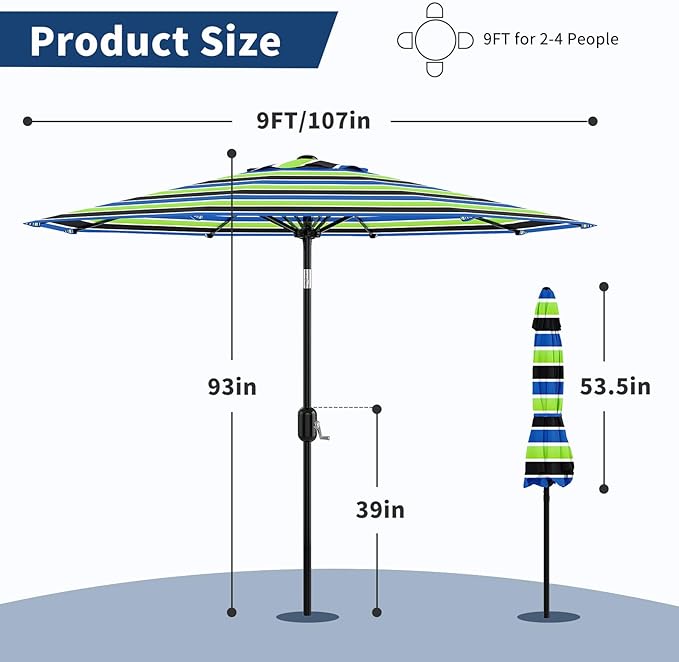 10Ft Patio Umbrella - 8 Sturdy Ribs Outdoor Table Umbrella with Crank Lift & Push Button Tilt - Market Umbrella for Pool, Deck, Yard, Garden - Turquoise