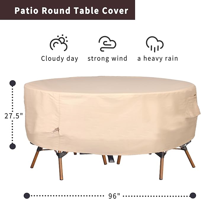 Round Patio Furniture Cover, Heavy Duty and Waterproof for Outdoor Furniture covers, Round outdoor table cover, Patio table cover 96"DIA x 27.5"H Beige