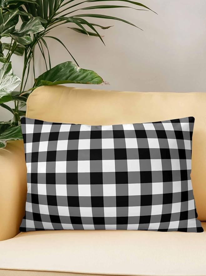 Waterproof Outdoor Pillow 1 Pack Black Buffalo Plaid Decorative Throw Pillows Cover & Insert 20x12 Inch Lumbar Pillowcase Check Lines Pillows for Couch Sofa Bed Patio Furniture Indoor Outdoor