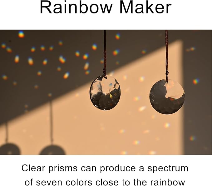 2PCS Circle Crystal Suncatcher Prisms for Windows (Circle Clear) | Clear, K9 Glass, Rainbow Maker, with Hooks & Cord