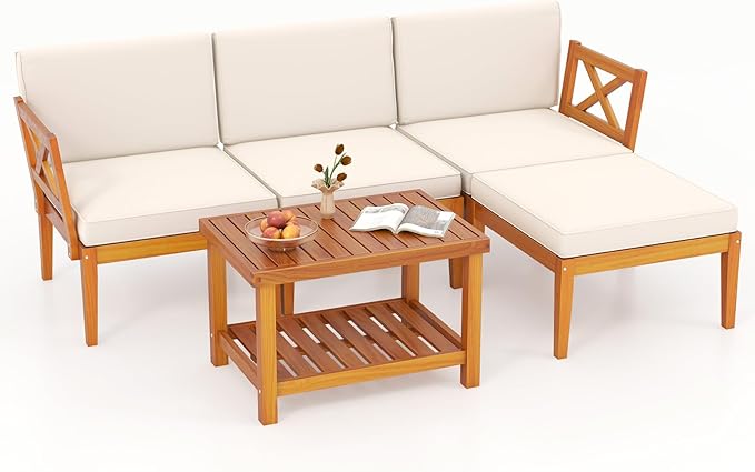 Tangkula L Shaped Outdoor Furniture Set, 5 Pieces Acacia Wood Patio Conversation Set, Modular Outdoor Lounge Sofa Set w/Cushions and Coffee Table for Garden, Backyard, Poolside