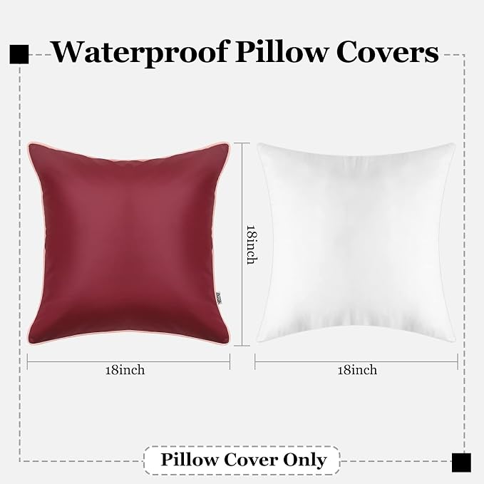 Pack of 2 Silicone Leather Outdoor Waterproof Pillow Covers 18x18 Inch Burgundy Outdoor Decorative UV Fade Resistant Pillows Cushion Case for Couch Patio Tent Sunbrella