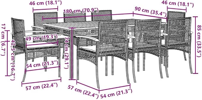 9 Piece Patio Dining Set with Cushions Gray Poly Rattan Outdoor Table and Chairs for Garden Backyard Deck Entertaining Acacia Wood Top