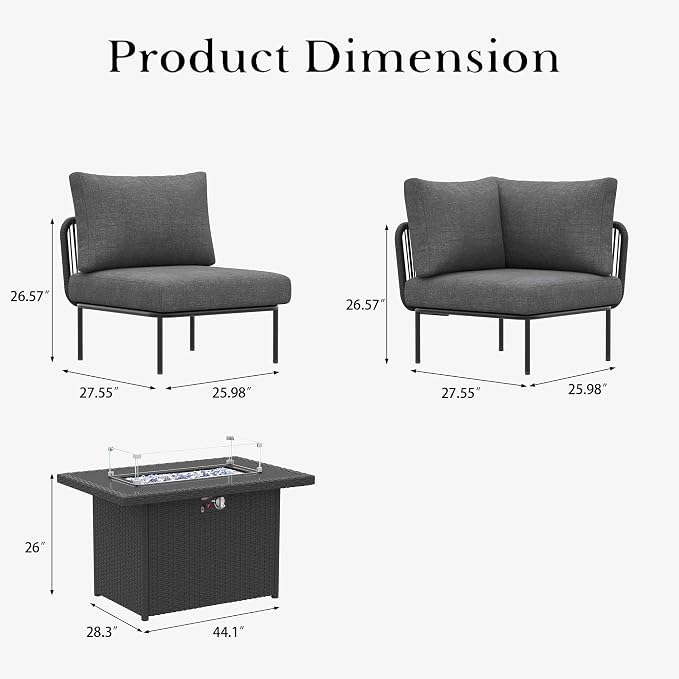 LayinSun 5 Pieces Aluminum Patio Furniture Set, Modern Modular Sectional Sofa with Fire Pit Table and Upgrade Thickness Cushion