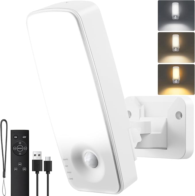 Battery Motion Sensor Light Outdoor, 10000mAh Rechargeable Wall Light with Remote, 3 Modes Wireless Security Light, 3CCT Dimmable, IP65 Waterproof for Garage Side Door Porch Shed (White)