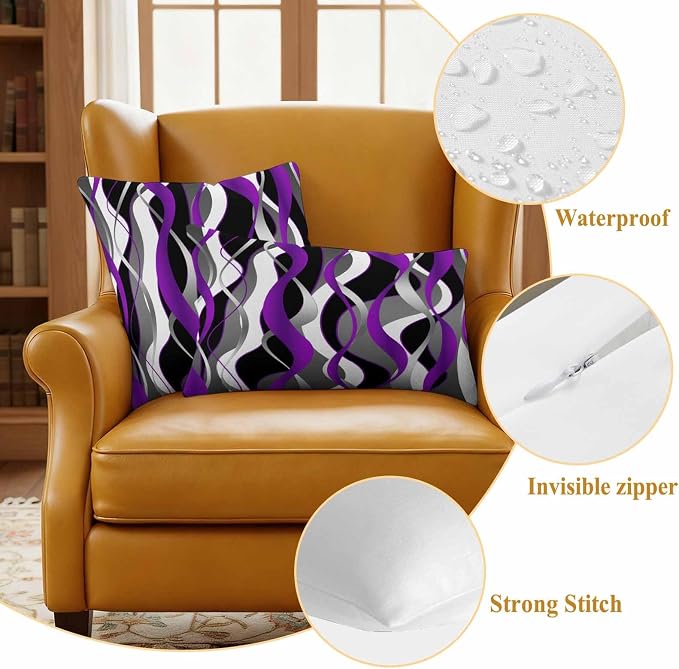 Outdoor Pillow Covers Set of 2, Modern Purple Grey Black Stripes Decorative Throw Pillow Covers 20X12IN, Gradient Abstract Art Throw Pillows Protector Cushion Case for Patio,Couch,Sofa,Garden