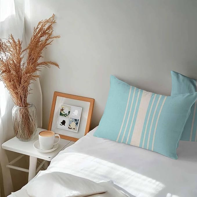 Outdoor Waterproof Pillows Cover Pack of 2 Modern Light Blue Striped Burlap Texture Decorative Pillowcases with Zipper Cushion Case for Patio Tent Couch Garden 20 x 12 Inches