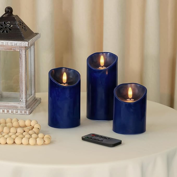 Navy Blue Flameless Candles with Remote Timer, Real Wax LED Candles Flickering, 3D Wick Fake Candles Candles Battery Operated for Home Living Room Wedding Party Gifts, Navy Blue Decor, Set of 3