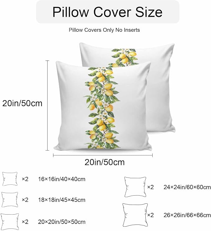 Yellow Lemon Waterproof Outdoor Pillow Covers Set of 2 Home Decor, Simple Spring Botanical Fruit Leaves Flower Pillowcase Patio Pillow Covers for Couch Bench Furniture Garden 24x24in