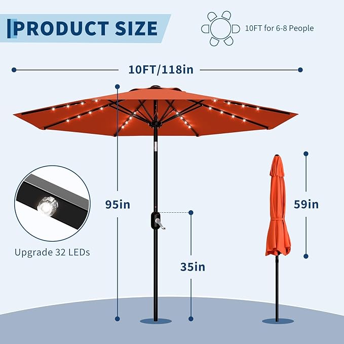 Garvee 9/10 FT Solar Patio Umbrella with 32 LED Lights - Outdoor Table Umbrella with Crank Lift, Push Button Tilt and 8 Sturdy Ribs - Market Umbrella UV Protection for Pool, Deck, Yard, Garden