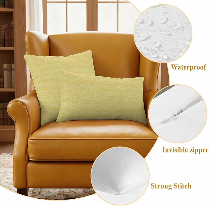 Outdoor Waterproof Throw Pillow Covers Set of 2 Yellow Stripes Grain Lumbar Pillowcases 20x12 Inches Solid Color Decorative Pillows Cushion Case Patio Pillows for Couch Bed Chair Garden