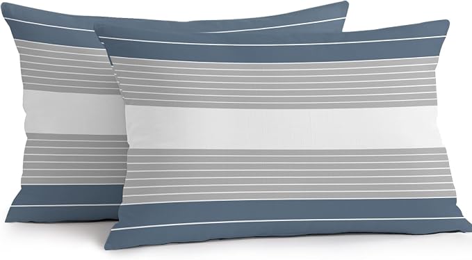Haze Blue Grey Stripe Outdoor Pillow Covers Waterproof, All Weather Cushion Case Set of 2, Modern Art Horizontal Striped Lumbar Pillowcase for Sofa Couch Bed Decor Patio Furniture 20"x12"