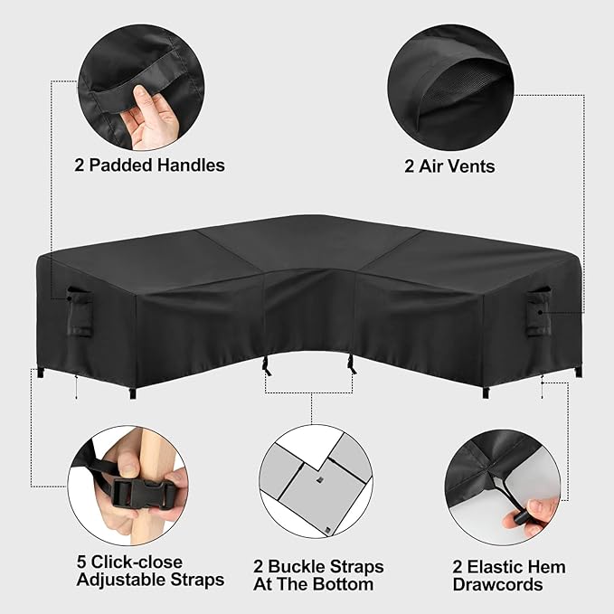 PureFit Outdoor Sectional Sofa Cover Waterproof V Shaped Patio Furniture Covers for Deck, Lawn and Backyard, 89”x89”, Black
