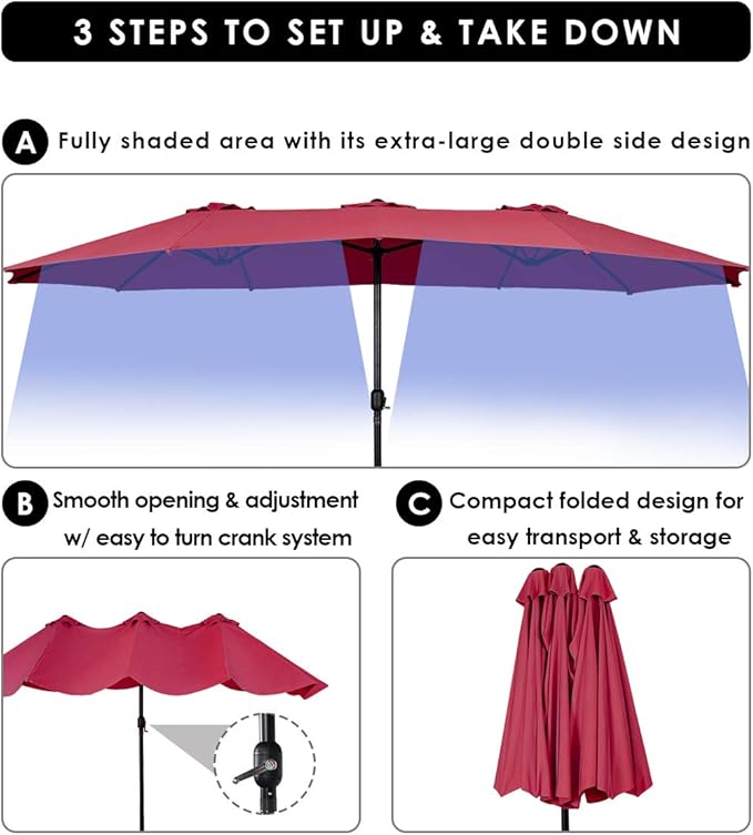Tangkula 15 Ft Patio Umbrella Double-Sided Steel Outdoor Market Table Umbrella with Crank (Wine)