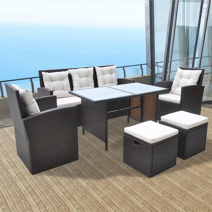 6-Piece Outdoor Dining Set, Brown PE Rattan Patio Furniture Set with Rectangular Frosted Glass Table, Steel Frame Garden Table and Chairs, Seats 7 People