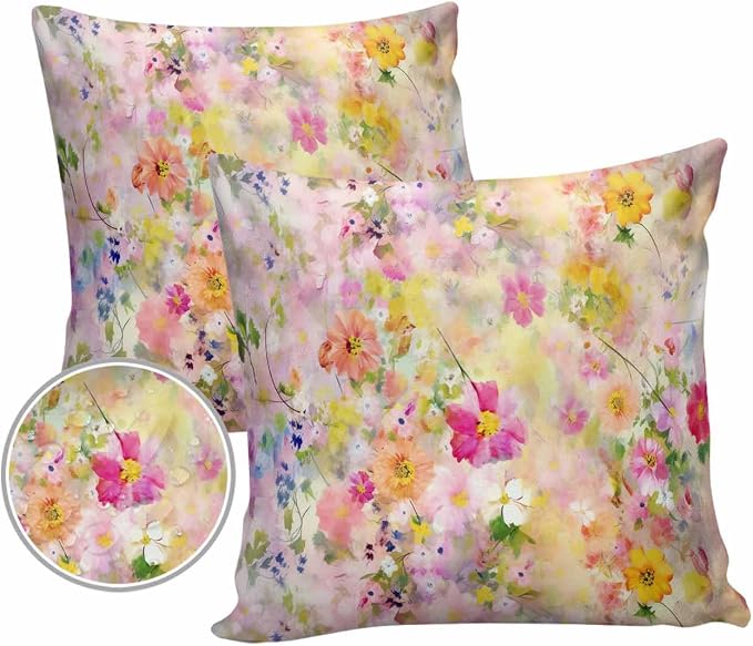 Abstract Outdoor Throw Pillow Covers Pack of 2, Spring Oil Painting Botanical Colorful Flowers Waterproof Pillow Covers Pillowcase for Outside Furniture Bench Patio Garden Decorative, 20"x20"