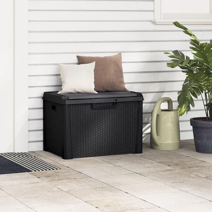 Patio Storage Box with Seat Cushion 33 Gallon Rattan Look Outdoor Deck Box Anthracite Weather-Resistant PP Material for Garden Furniture Poolside Storage