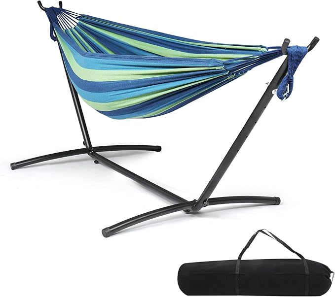 ONCLOUD 550 LBS Capacity Double Hammock with Stand Included with Portable Carrying Bag, Heavy Duty 2-Person Hammock for Outdoors & Indoors - Desert Stripe, Series TDCTZ1 - Blue Green Stripe