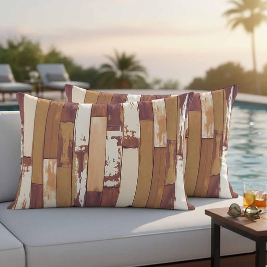 Brown Beige Outdoor Pillow Covers 20x12 Inch Lumbar Pillow Covers Set of 2 Waterproof Decorative Throw Pillow Cases Vintage Farmhouse Shabby Wooden Grain Cushion Covers for Patio Furniture Garden