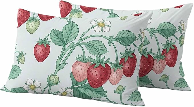 Strawberry Leaves Outdoor Pillow Covers 20"x12" Set of 2, Watercolor Red Pink Fruit Floral Mint Green Waterproof Throw Pillow Covers for Patio Furniture, Decorative Cushion Covers for Porch