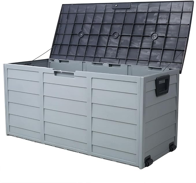 Outdoor Deck Storage Box, Portable Resin Storage Bench with Wheels & Side Handles, Waterproof Patio Storage Container for Cushions, Garden Tools, Pool Supplies & Outdoor Accessories, Gray