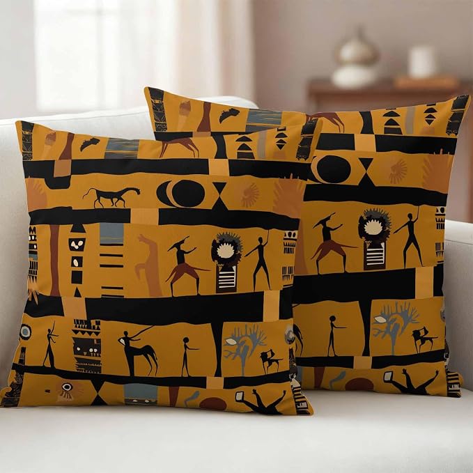Yukro Ethnic African Outdoor Waterproof Pillow Covers Pack of 2, Abstract Exotic Ethnic Black African Decorative Throw Pillowcases Cushion Covers for Garden Patio Tent Sofa Couch, 16x16 inch