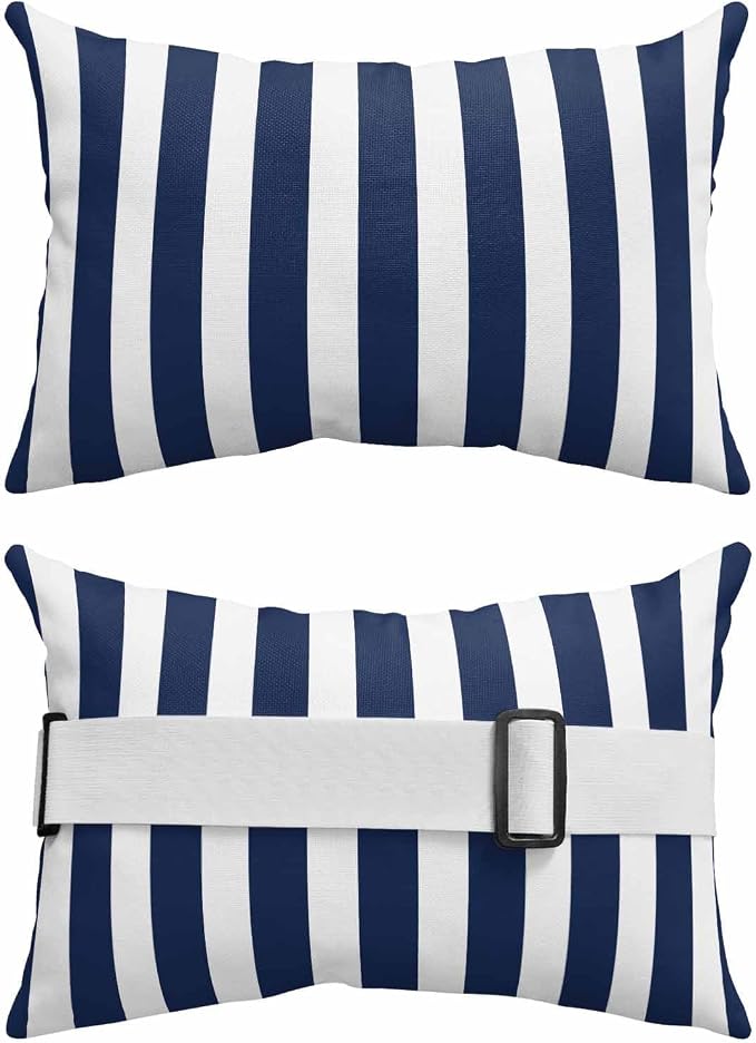 Navy Blue Striped Outdoor Chaise Lounge Head Pillow with Insert,Modern Farmhouse Blue White Stripes Waterproof Headrest Lumbar Pillow Cusion Cover with Elastic Strap for Patio Recliner,11"x16" 2PCS