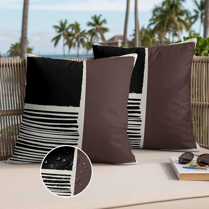 Throw Pillow Covers 18x18 Inch Set of 2, Brown Black Waterproof Outdoor Pillow Covers, Modern Abstract Art Farmhouse Striped Decorative Cushion Pillowcases for Couch, Sofa, Bed, Garden, Patio