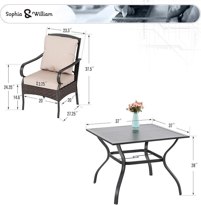 Sophia & Willliam Oversized Outdoor Dining Set 5 Piece Metal Patio Table and Chairs Set with 4 Large Padded Patio Dining Chairs & 37" Square Dining Table, Deck,Lawn,Kitchen Furniture