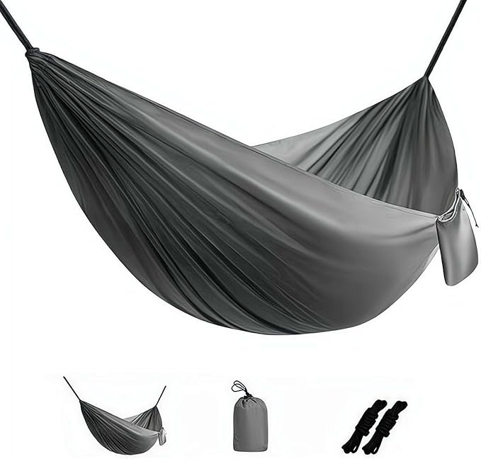 Camping Hammock Lightweight Portable Double Swing with 2 Tree Straps, Heavy Duty Parachute Nylon Bed for Backpacking Hiking Beach, Outdoor Essentials for Backyard Patio Camping Gear (Gray)