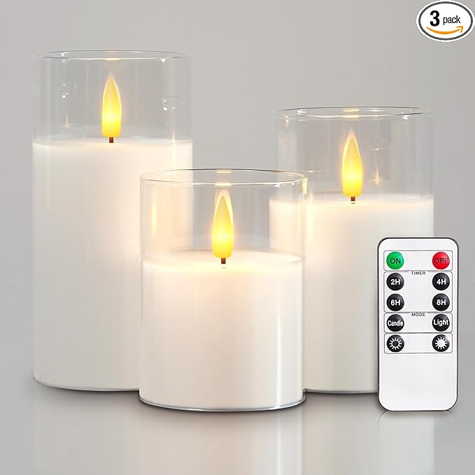 5plots Glass Battery Operated White Flameless Candles with Remote Timer, 3D Wick Real Wax Pillar Led Candles Warm Flickering Light for Indoor Home, Halloween, Christmas Decor, Set of 3, D3 x H4 5" 6"