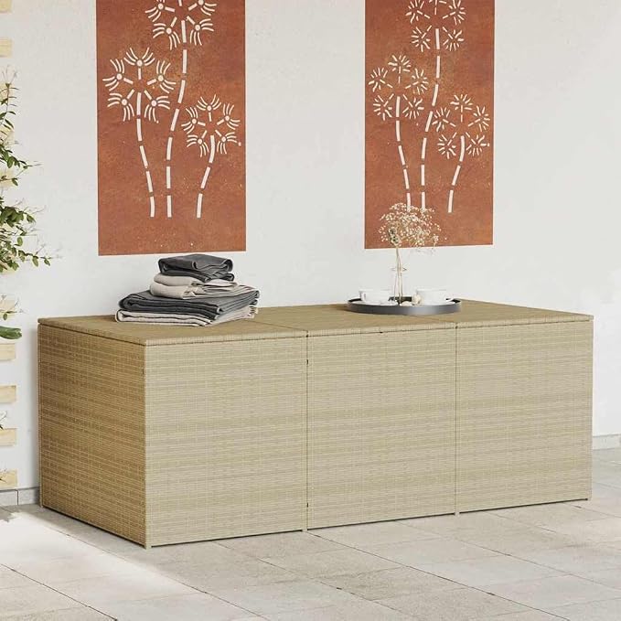 Rectangular Garden Storage Box 70.9 x 35.4 Inches, Mix Beige PE Rattan, 984 Liter Capacity, Powder-Coated Steel Frame with Gas Springs