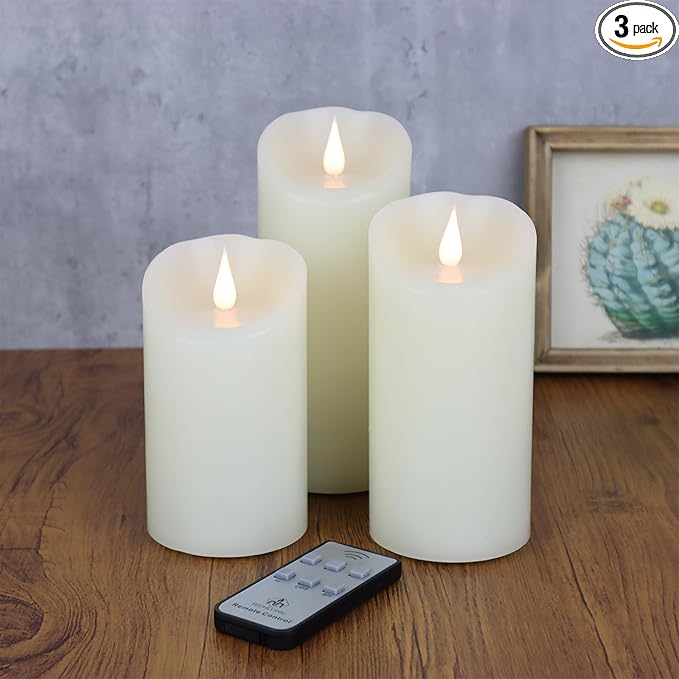 TECHLONG Flameless Candles Flickering 3D Moving Flame, Last 1000+ Hours Battery Operated Candles with Remote Timer, Set of 3 Ivory Real Wax Electric LED Pillar Candles for Home Wedding Decoration