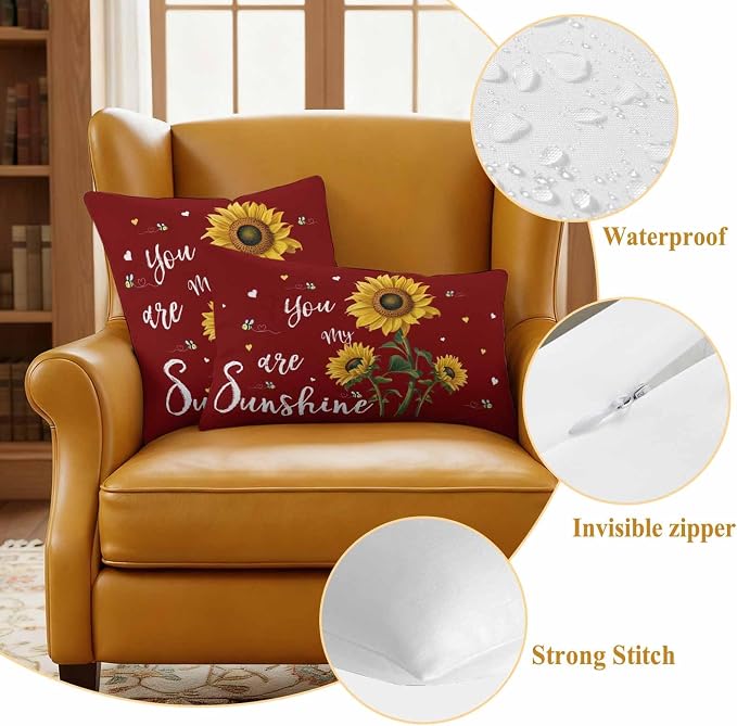 You Are My Sunshine Outdoor Pillow Covers Set of 2 Vintage Country Yellow Sunflower Floral Bees Heart Red Waterproof Throw Pillow Cover Decorative Cushion Cases for Patio Porch Garden 20X12 Inch