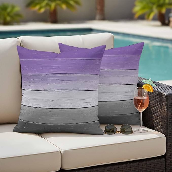 Purple Gray Outdoor Pillow Covers 16x16 Inch Throw Pillow Covers Set of 2 Waterproof Decorative Pillow Cases Vintage Rustic Abstract Striped Wooden Grain Cushion Covers for Patio Furniture Garden
