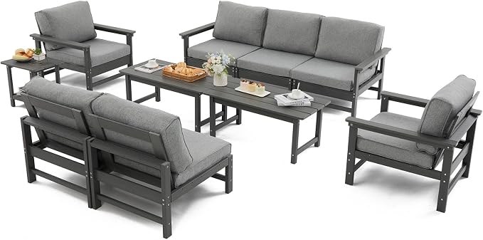 HDPE Outdoor Patio Furniture Set with Cushions, 10 Piece Patio Conversation Set Sofa Set,All Weather Outdoor Couch Set with Coffee Table for Lawn, Garden, Deck
