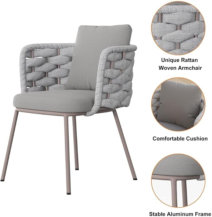 2-Piece Mid Century Modern Outdoor Patio Dining Chairs - Aluminum & Rope Woven Armchairs, Gray Cushions for Comfortable Outdoor Seating