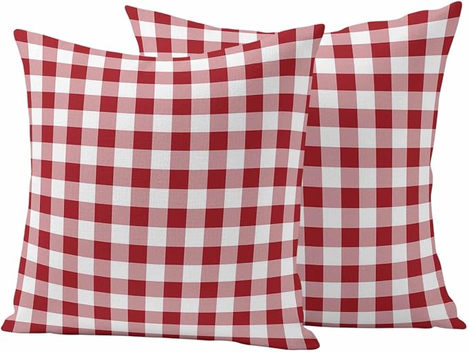 Outdoor Throw Pillow Covers,Red Pink and White Plaid Waterproof Decorative Pillowcases Cushion Cover Pastoral Farm Style Pillow Cases for Patio Couch Sofa Bed,16x16in Set of 2