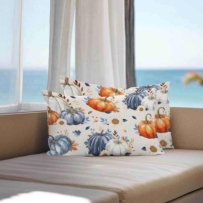 Fall Outdoor Throw Pillows Covers 20x12 inch Set of 2 Waterproof Orange Blue White Pumpkin Zippered Cushion Covers for Patio Furniture, Autumn Maple Leaf Flowers Linen Thanksgiving Lumbar Pillowcases