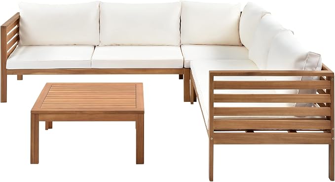 Outdoor Patio Conversation Furniture Set, Acacia Wood Sectional Sofa Set with Coffee Table, 4 Piece Outdoor Sofa Set with Two-person Sofa and Corner Sofa for Backyard (Natural log+Beige Cushions)